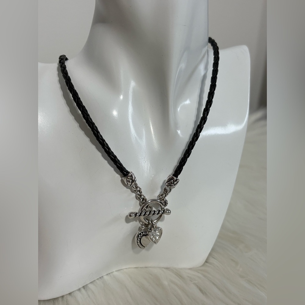 Lia Sophia Silver Heart Charm Toggle Necklace on Black Braided Cord